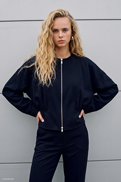Sateen Zippered Jacket - Navy Blue