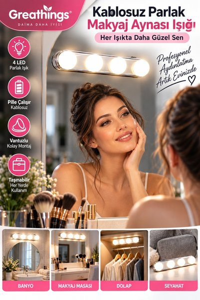 Greathings 4 LED Vantuzlu Makyaj Aynası Işığı 30 cm Kablosuz Pilli Taşınabili...