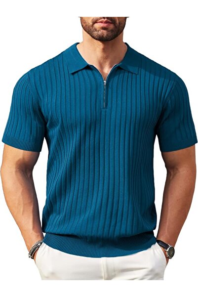 GENERAL Knitted Polo Collar T-Shirt Short Sleeve Zipper Casual Style Men's Go...
