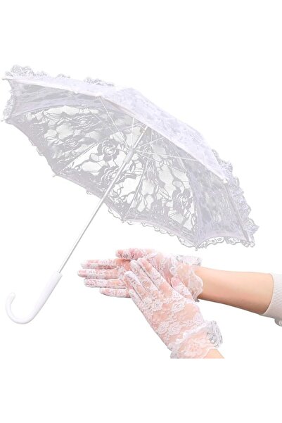 HaveLovely Mini White Lace Parasol Set, with Floral Gloves for Girls Ages 5-1...