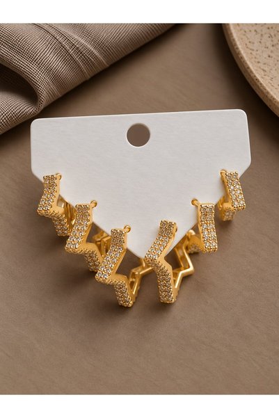 serelya Gold Color Zircon Stone Brass Thick Star Model Women's Earring Set