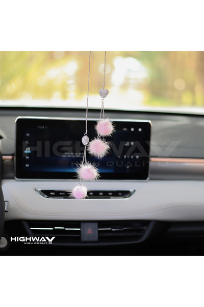 HIGHWAY Luxury Plush Fur Car Rearview Mirror Hanging Ornament – Bling Crystal Rhinestone Heart & Soft Pom-Pom Ball Pendant Car Interior Decor (Pink)