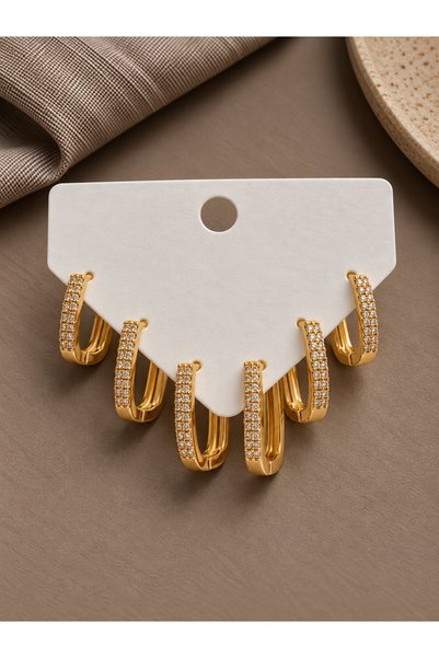 serelya Gold Color Zircon Stone Brass Square Model Hoop Women's Earring Set