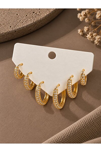 serelya Gold Color Zircon Stone Brass Hoop Model Women's Earring Set