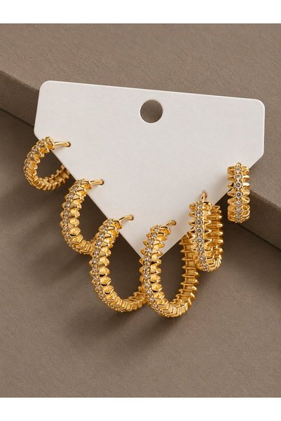 serelya Gold Color Zircon Stone Brass Hoop Serrated Model Women's Earring Set