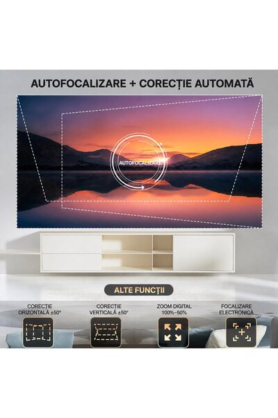Touyinger Proiector Inteligent HQ10W, Android 12, Full HD 1080P nativ, Suport 4K, 1200 ANSI, 2GB RAM + 64GB, WiFi Dual Band 2.4/5GHz, Bluetooth 5.0, autofocus, corecție automată a trapezului 6D, Dolby Audio, 2x7W