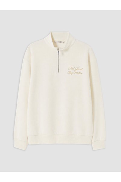 LC Waikiki Beige Embroidered Oversize Women's Thick Sweatshirt