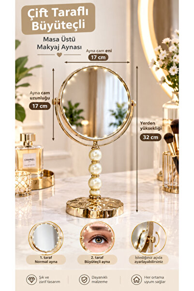 KARAKAŞ HOME & ZÜCCACİYE İNCİ DETAYLI ÇİFT TARAFLI MASA ÜSTÜ MAKYAJ AYNASI