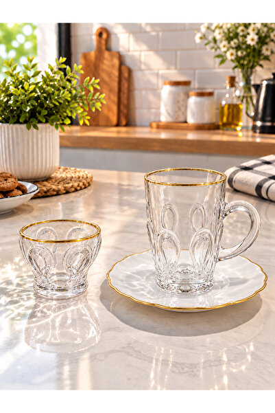 AR HOME 48 PCS GLASS Tea Coffe Set - GOLD Line
