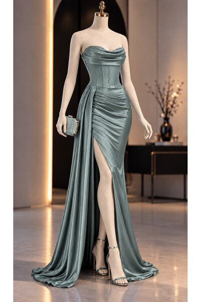 Modafeminen Rochie de seară din satin, fără bretele, cu șliț, MİNT 583398