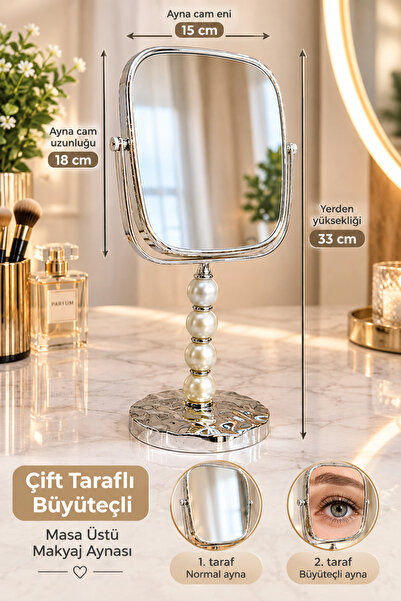 İNCİ DETAYLI ÇİFT TARAFLI MASA ÜSTÜ MAKYAJ AYNASI