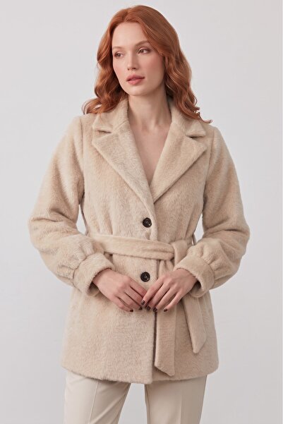 hadiora Double-Breasted Collar Belted Buttoned Soft Textured Plush Coat
