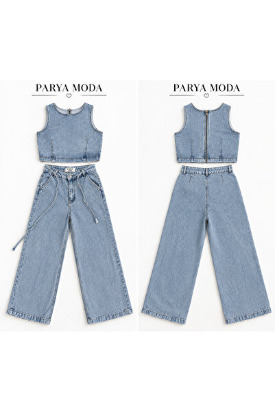 Kadın Açık Mavi Jean İkili Takım Crop Üst ve Bol Paça Yüksek Bel Denim Pantolon