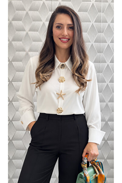 styleFlex Cămașă Damă Elegantă din Material Satinat Tip Piersicuță cu Broșe Auri