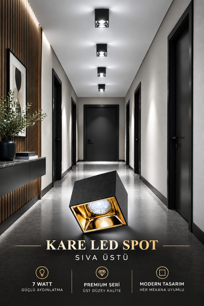 Dila’s home 7 Watt | Kare Spot | Beyaz Işık Siyah Kasa Gold Çerçeve | Sıva Üs...