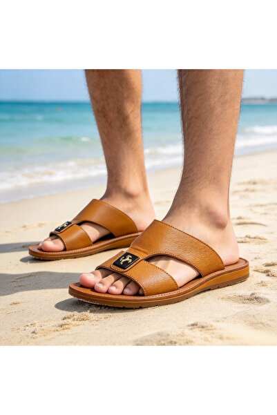 Almajeed Store Amity Men's Leather Slide Sandals with Golden Horse Ornament, ...