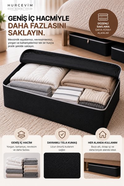 HURCEVİM 4'lü Büyük Boy Baza Altı Hurç Seti 65x45x22 cm Siyah Kalın Tela Kumaş Fermuarlı Katlanabilir Saklama Çantası