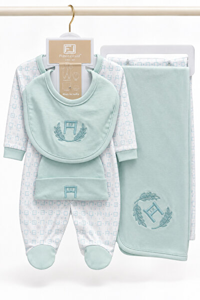 Baby Gift طقم مواليد 4 قطع - افرول وكوفلة وطاقية ومريلة حديثي الولادة