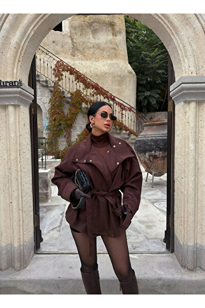 kırmızı butiks Brown Loren Belted Suede Jacket