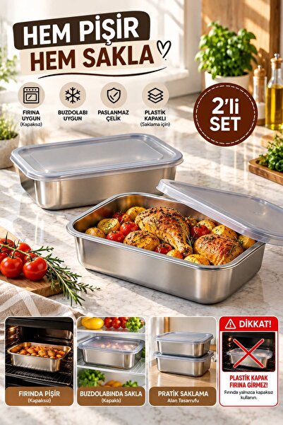 GUGGA Ovi - 2'li Hem Pişir Hem Sakla SUS304 Paslanmaz Çelik Fırın Kabı Plasti...