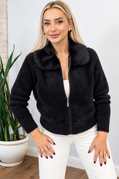 Muna Boutique Black Fur-Collar Knitwear Jacket