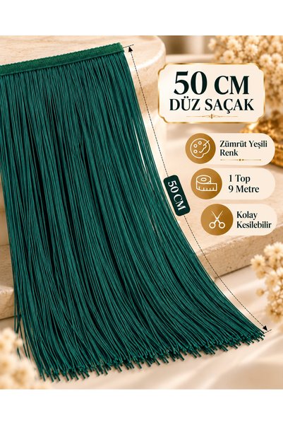 kubbe tekstil aksesuar Zümrüt Yeşil 50 cm Düz Saçak Püskül – 1 Top 9 Metre, Uzun İpli Dekoratif Saçak Şerit, Abiye Elbise Dans Kostümü Masa Örtüsü ve Organizasyon Süsü