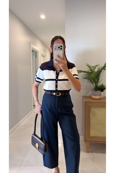 BİRCANÇİL Walle Navy Blue Brown Polo Collar Short Sleeve Knitwear