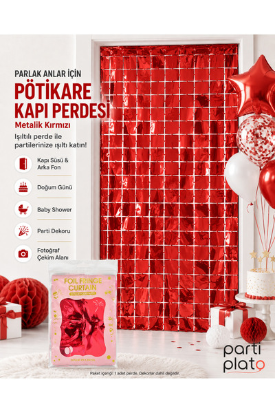 Parti Plato Metallic Red Gingham Foil Door Curtain 100X200 cm Party Birthday ...