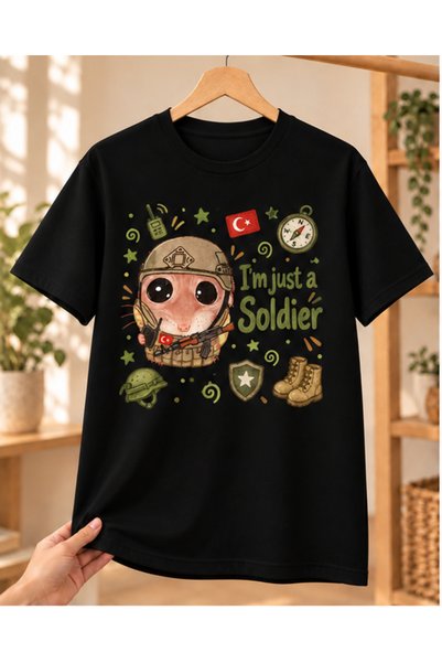 Mor Mürekkep Tricou negru imprimat cu hamster trist soldat - Cadou pentru sol...
