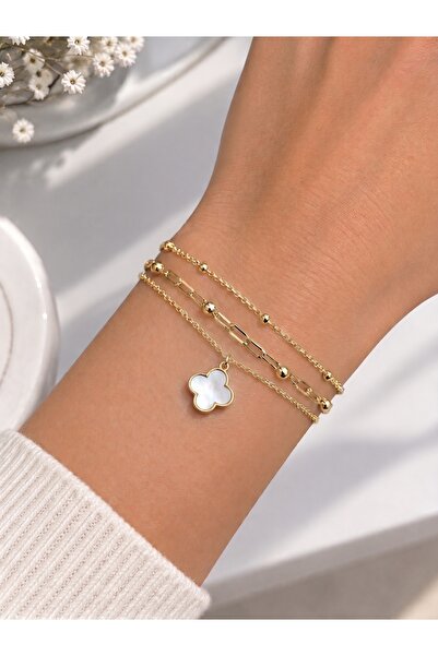Ervalina Women's Gold Color 3-Piece Clover Model Bracelet Chain Set