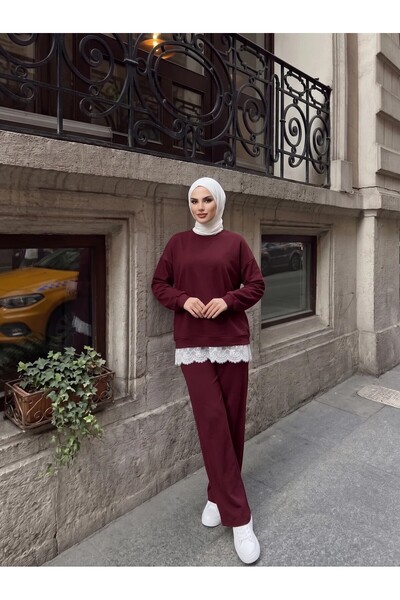 Trend Paris Dantel Detaylı Rahat Kesim İkili Spor Takım Bordo