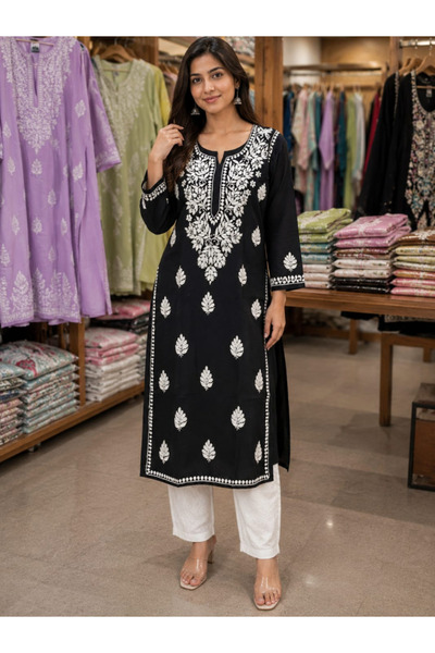 MYSMAR Black Chikankari Handwork Cotton Kurta Set - CHK1013 | Black-Size:2XL-...