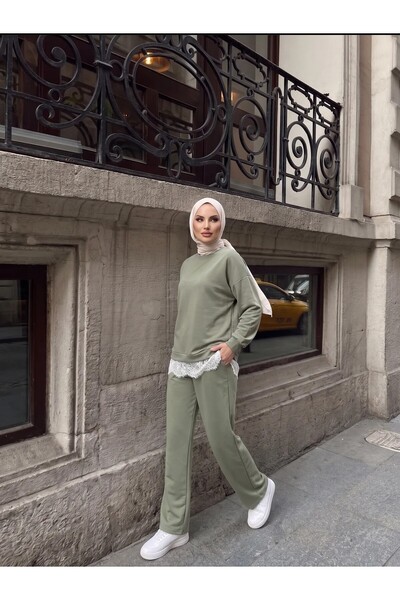 Trend Paris Dantel Detaylı Rahat Kesim İkili Spor Takım Açık Yeşil