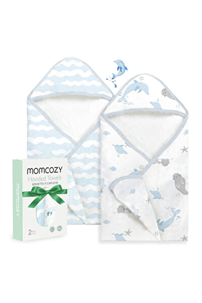 Momcozy - Children's Bamboo Cotton Bath Towel Pack of 2 - Whale & Wave