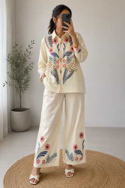 Generic Brand Pure linen embroided cord set for women M and XXL available
