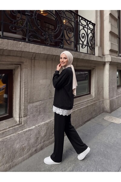 Trend Paris Dantel Detaylı Rahat Kesim İkili Spor Takım Siyah