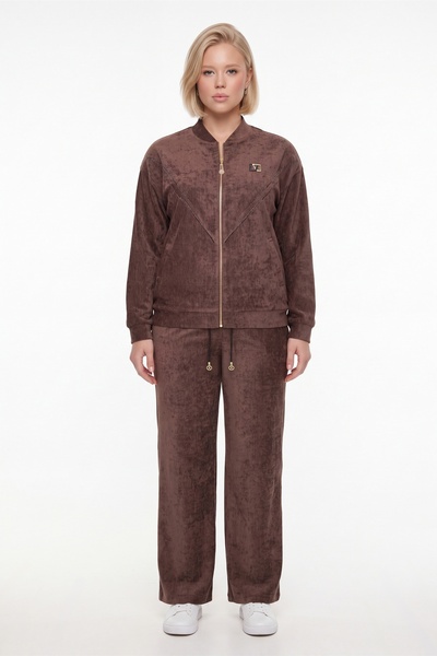EXİTLİNE Women's Brown Winter Tracksuit Set with Adjustable Waist, Front Zipp...