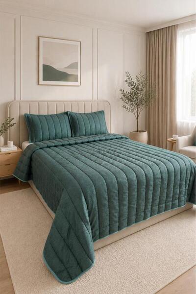 Çeyiz Diyarı Velmira Jacquard Velvet Fiber Filled Bedspread 240X240 cm Green
