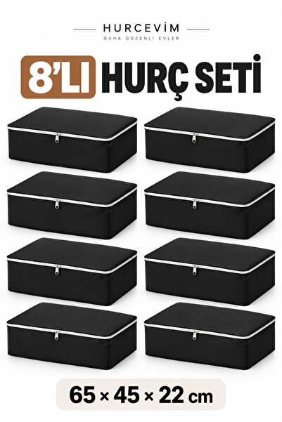 HURCEVİM 8'li Büyük Boy Baza Altı Hurç Seti 65x45x22 cm Siyah Kalın Tela Kuma...