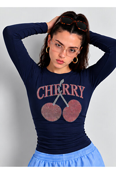 NİCE Women's Crew Neck Long Sleeve T-Shirt Cherry Stone Printed
