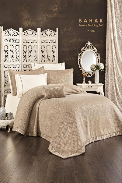Çeyiz Diyarı Bahar 7 Piece Silk Velvet Chenille Pique Set Beige