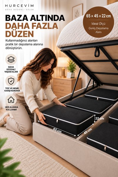 HURCEVİM 8'li Büyük Boy Baza Altı Hurç Seti 65x45x22 cm Siyah Kalın Tela Kumaş Fermuarlı Katlanabilir Saklama Çantası