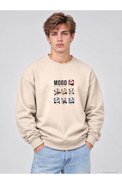 FUFLUNS سويت شيرت رجالي كبير الحجم مطبوع عليه MOOD PANDA بياقة دائرية