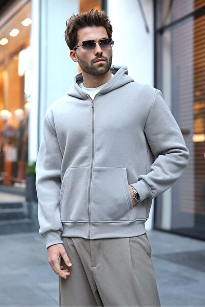 Madmext Painted Gray Hooded Men's Sweat Cardigan E7219