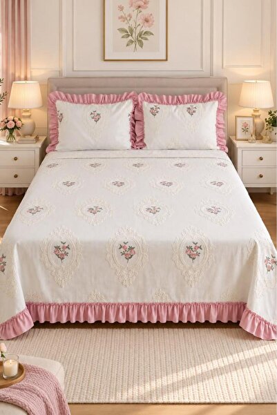 Çeyiz Diyarı Ruffle Gardenlove Embroidered Chenille 3 Piece Double Bedspread ...