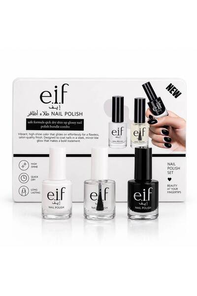 eif مجموعة مناكير إيف e.i.f من 3 قطع أبيض وأسود وشفاف | طلاء أظافر لامع لإطلا...