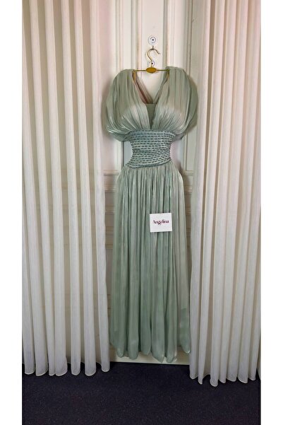 Angelinaa Luxurious Evening Gown in Light Sage Green, Featuring a Soft Femini...