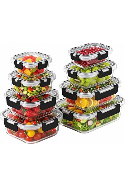 Generic 8-Pack Glass Food Containers with Airtight Lids, Black