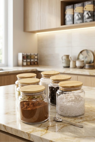 ÖZ HOME 6 Pieces of 500 ml Glass Spice Jars with Vacuum Bamboo Lids