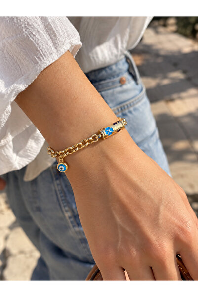 The Klōi Lucky Eye 14K Altın Kaplama Nazar Boncuklu Yonca Detaylı Kadın Bileklik